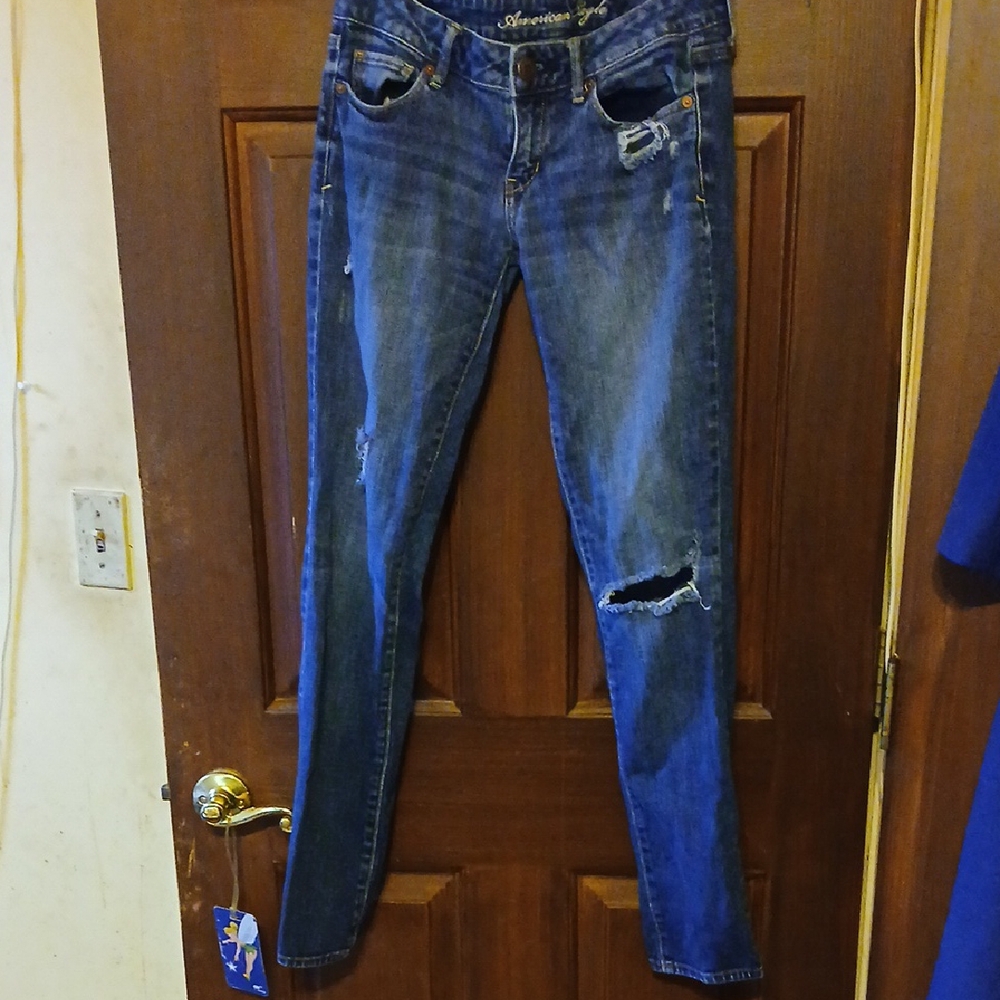 American Eagle Outfitters Blue Skinny Jeans with Distressed Details